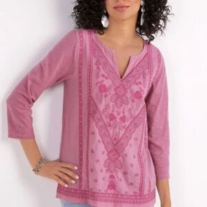 Soft Surroundings Coconut Dreams Mellow‎ Mauve Embroidered Tunic Top M